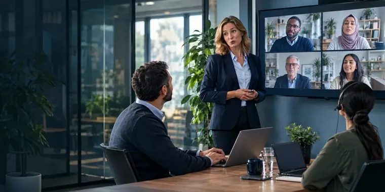 Beraterin leitet ein hybrides Meeting mit Videokonferenz
