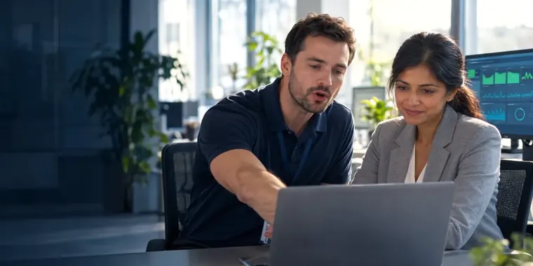 IT-Techniker erklärt einer Kundin etwas am Laptop