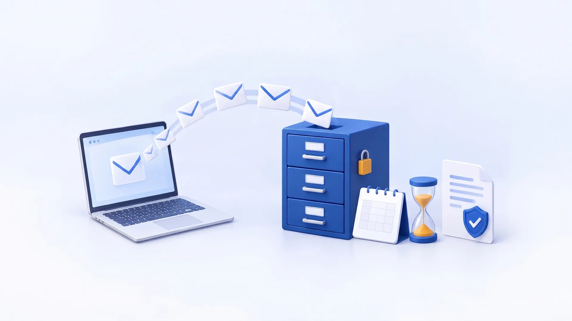 Illustration: E-Mails wandern vom Laptop in einen verschlossenen Archivschrank, daneben Kalender und Sanduhr für Aufbewahrungsfristen