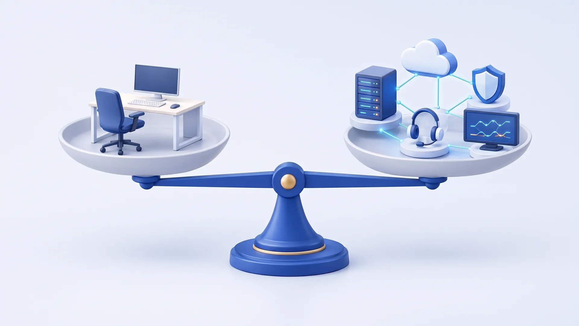Illustration: scales with a single IT workstation on one side and connected IT services such as servers, cloud and support on the other