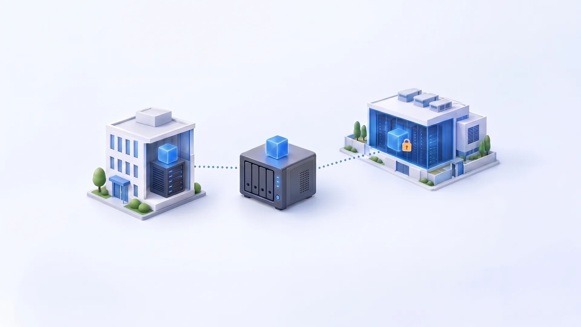 Illustration of the 3-2-1 backup rule: three data copies in an office building, a separate storage device and a secured external data center