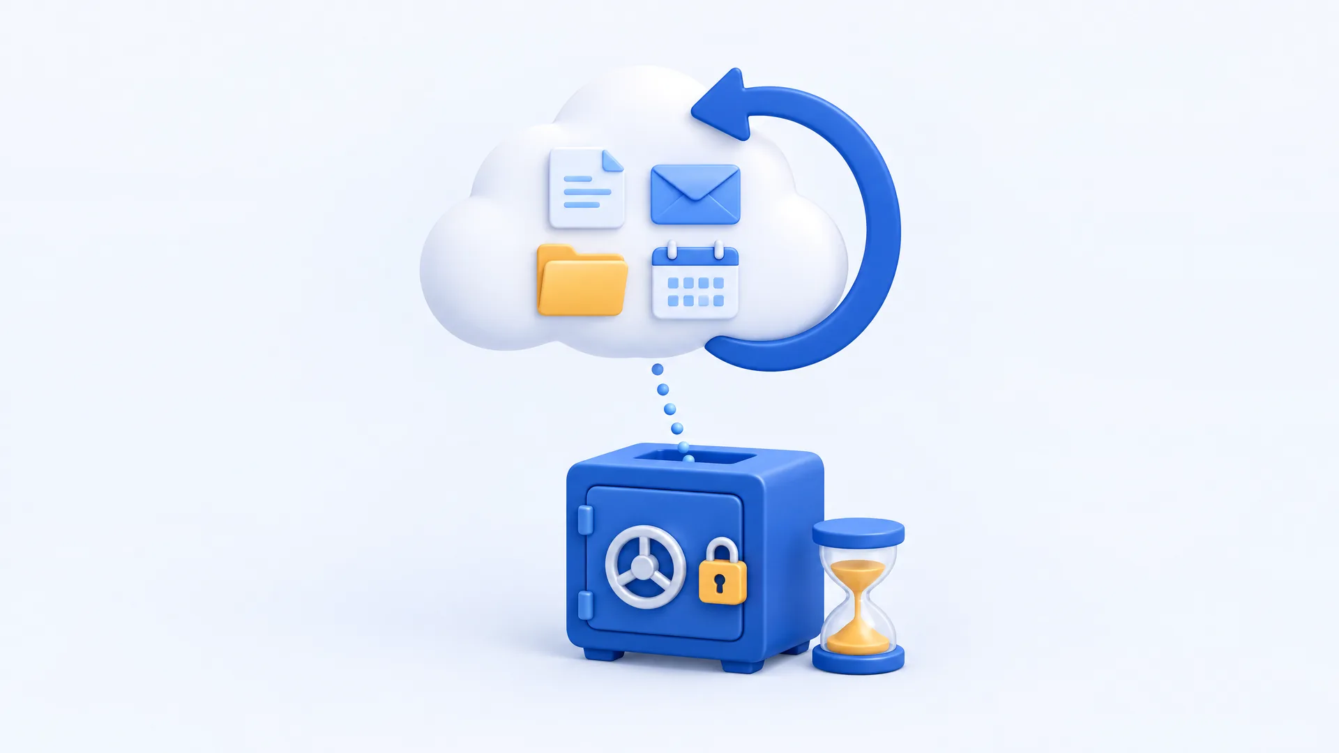 Illustration: documents, emails and folders from a cloud are copied into a secure vault, with an arrow representing recovery