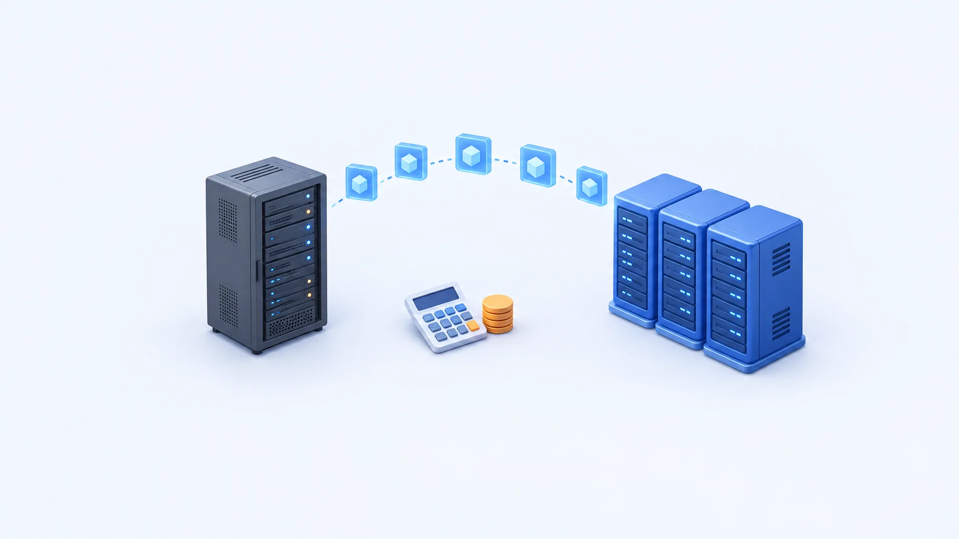 Illustration: virtual machines move from a single server rack to a cluster of three servers, next to a calculator and coins for the cost comparison