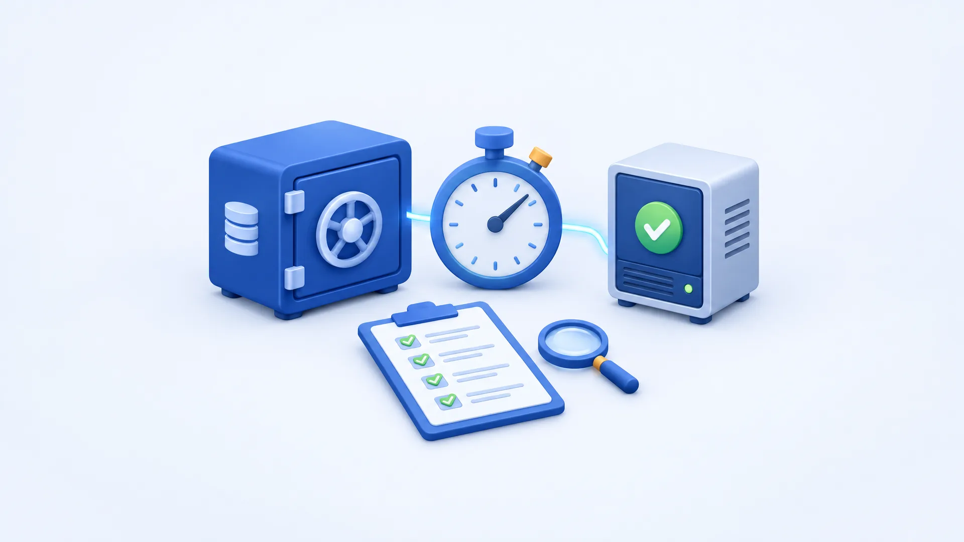 Illustration: data is restored from a backup vault to a server, a stopwatch measures the time and a checklist documents the test