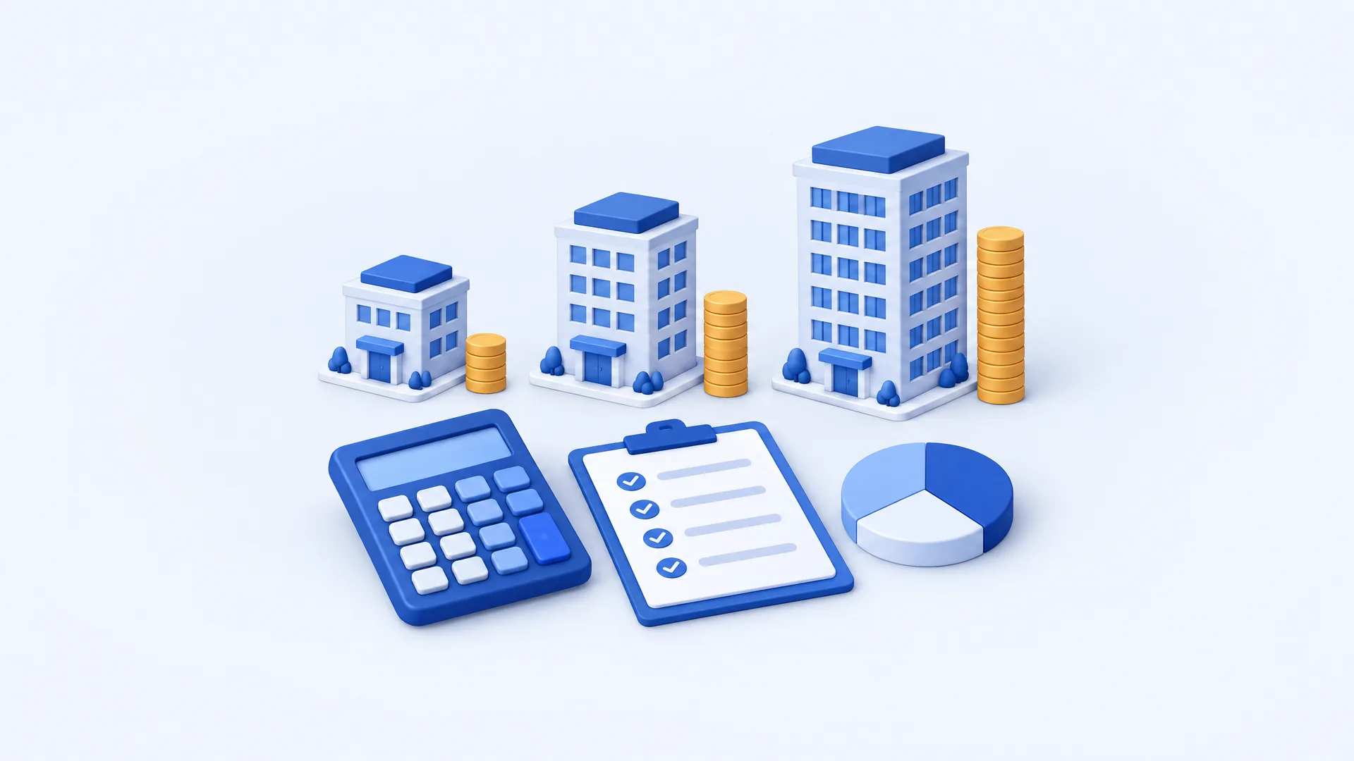 Illustration: three office buildings of different sizes with stacks of coins, in front of them a calculator, a comparison checklist and a pie chart