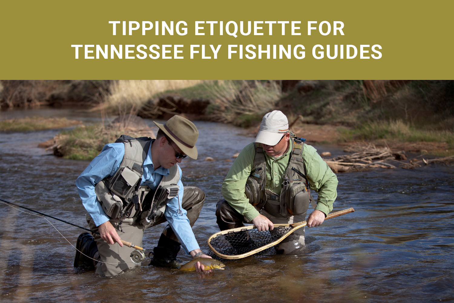 Fly Fishing Guide Helping Angler On Tennessee River
