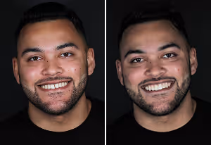 Side-by-side portraits of a smiling man with short dark hair and a beard against a black background.
