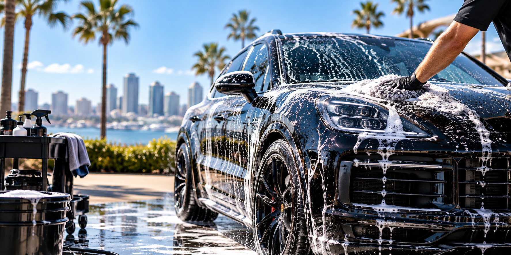 Hand washing a black SUV