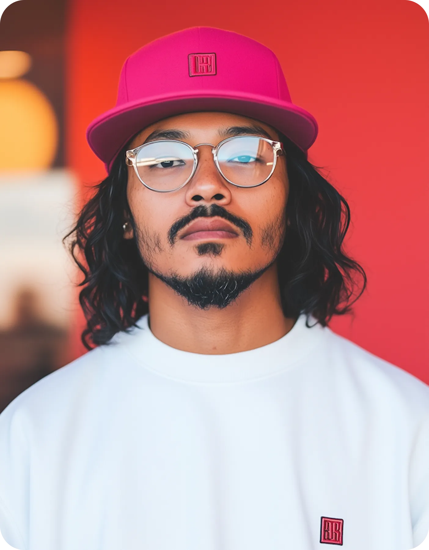 Person with medium-length black hair wearing round glasses, a pink cap, and a white sweatshirt against a red background.