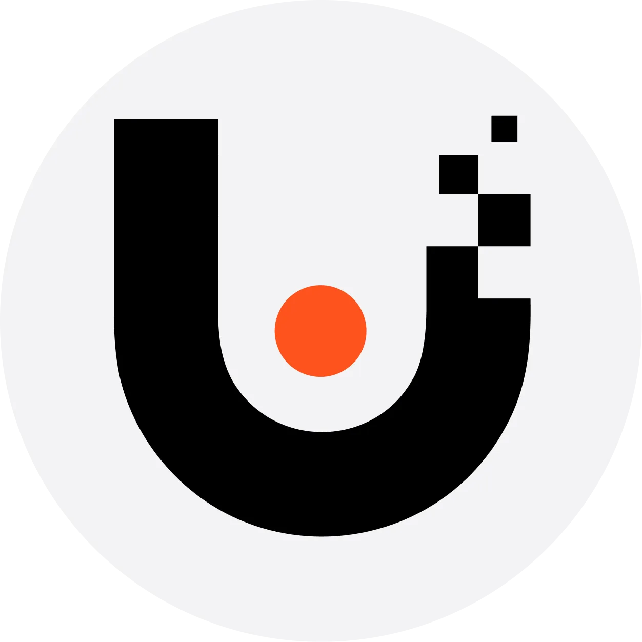 Circular logo with a black U shape, an orange dot in the center, and three smaller black squares arranged diagonally at the top right of the U.