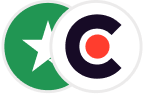 Overlapping circular logos with a white star on a green background and a black letter C with a red dot inside a white circle.