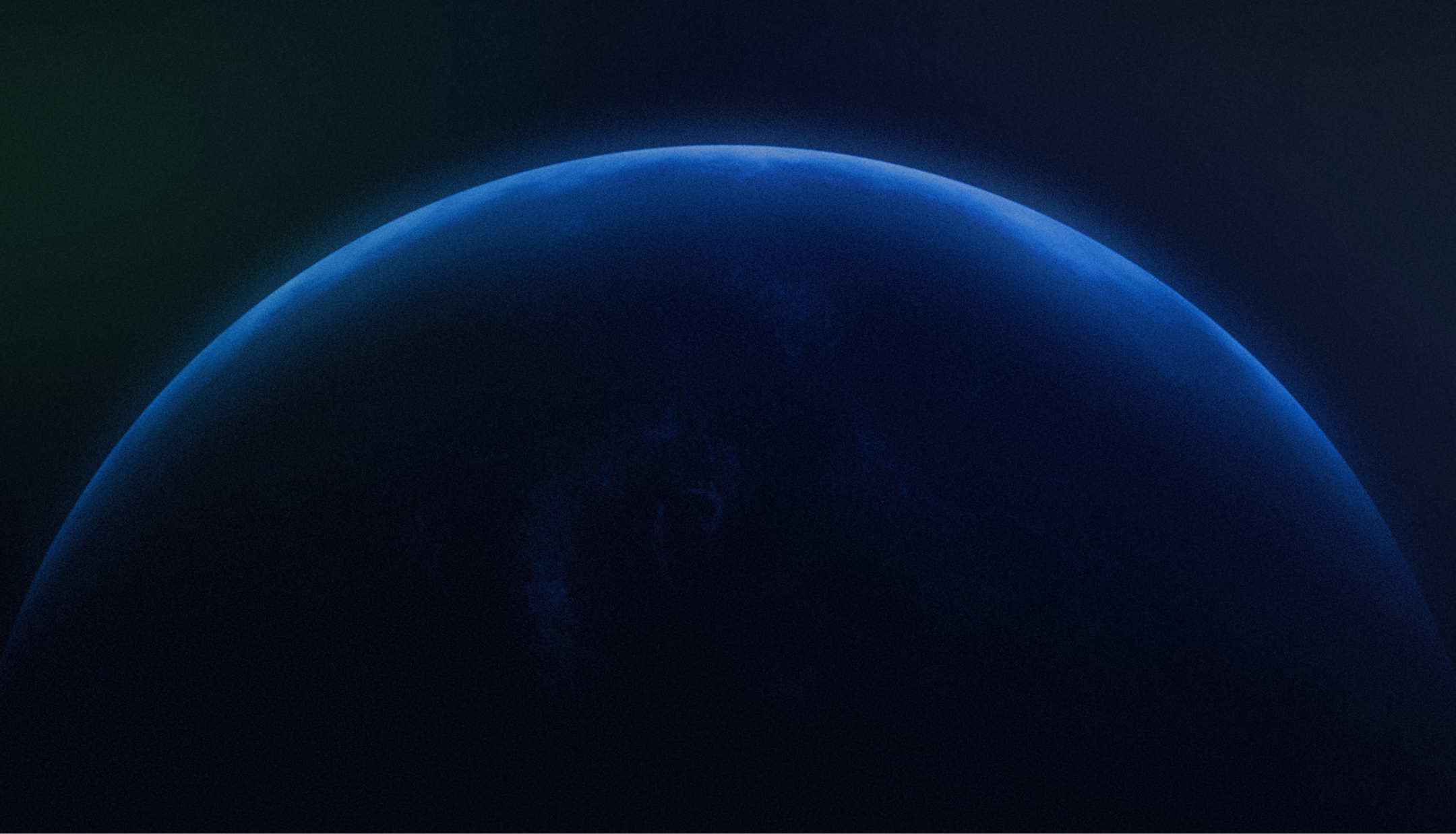 Dark view of a planet's curved horizon with a soft blue atmospheric glow against a black space background.