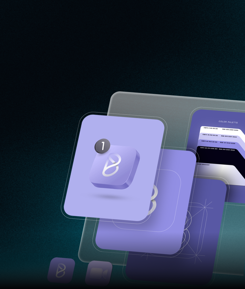 Stacked translucent purple interface cards displaying logo design elements and a color palette on a dark gradient background.