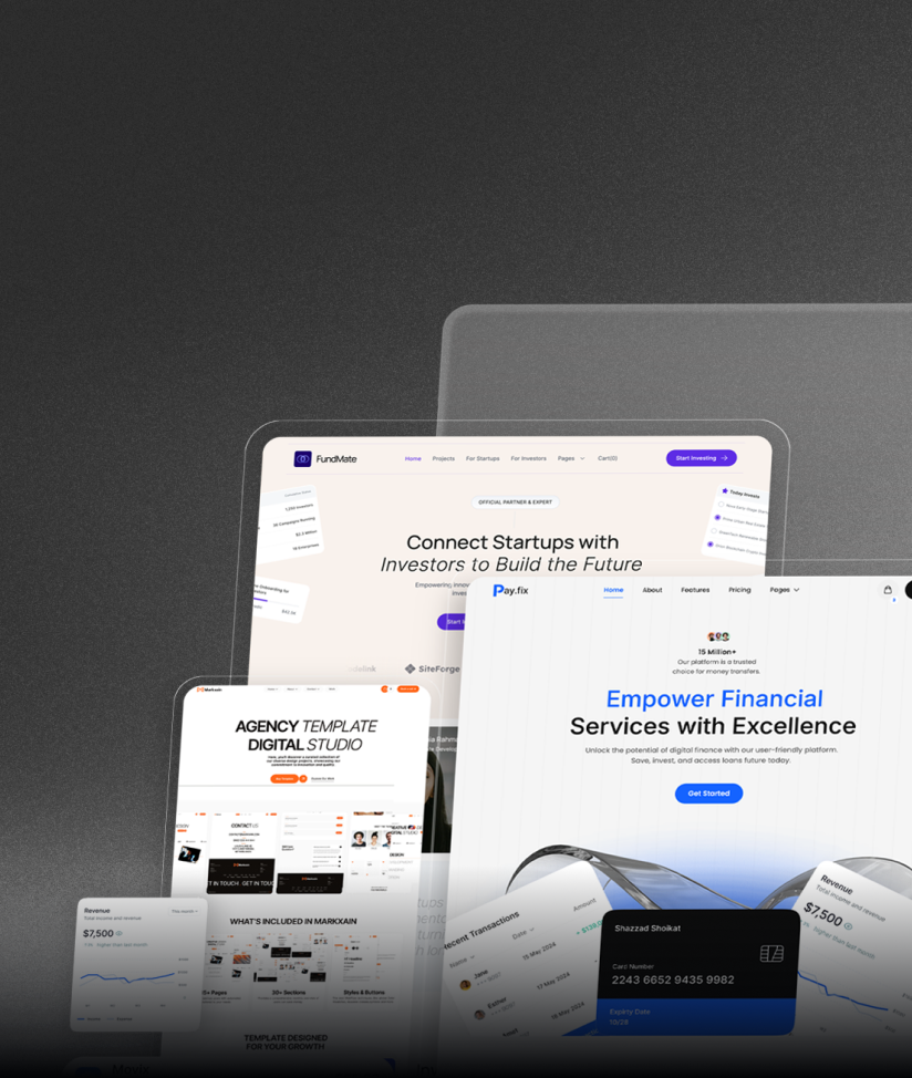 Collage of digital platform interfaces showing startup investment, digital studio templates, and financial services dashboards.