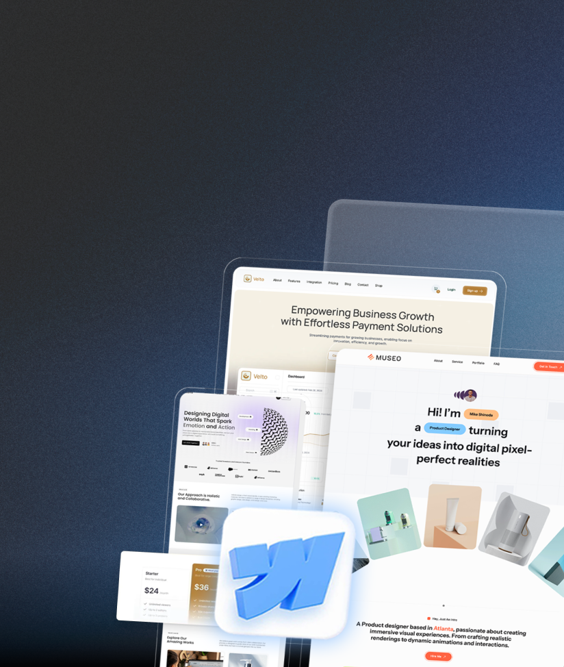 Collage of website and app design screens with a large blue Webflow logo in the center on a dark blue gradient background.
