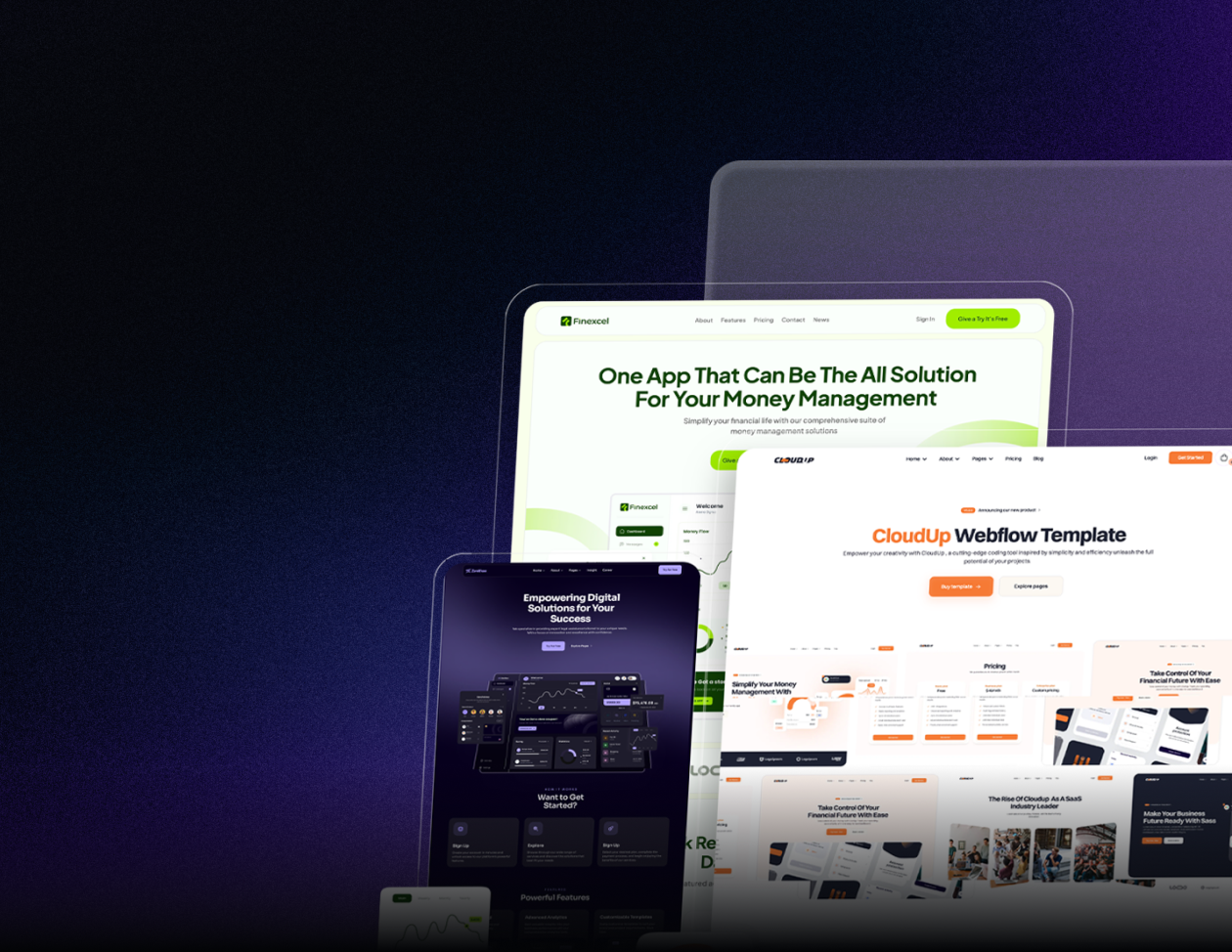 Overlapping screenshots of financial and digital solution app interfaces with dark gradient background.