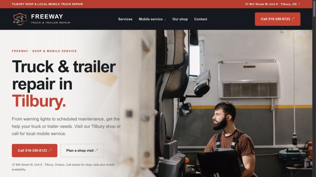 Freeway homepage with its original faded mechanic hero image
