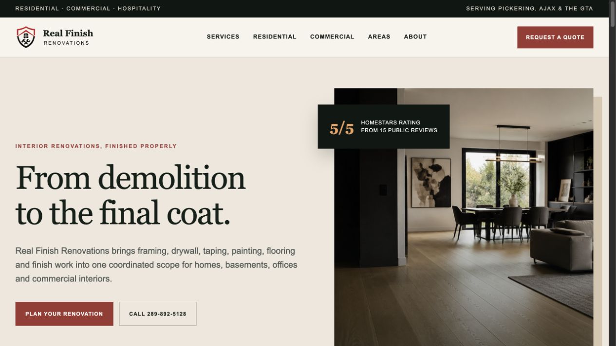Real Finish Renovations homepage with warm neutral colors, serif typography and an interior photograph