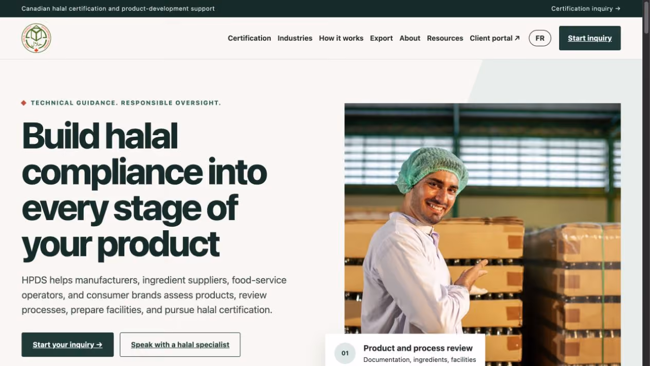 HPDS Canada homepage with dark green typography and a product quality professional
