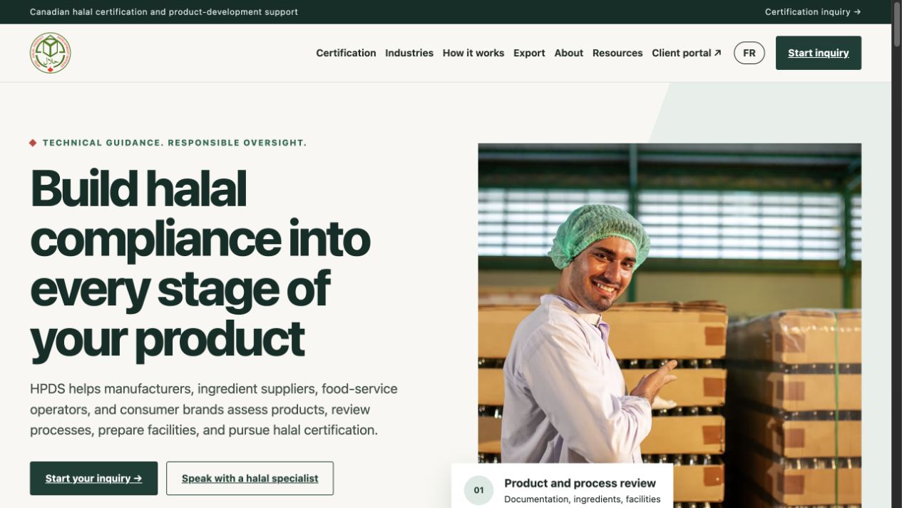 HPDS Canada homepage with dark green typography and a product quality professional