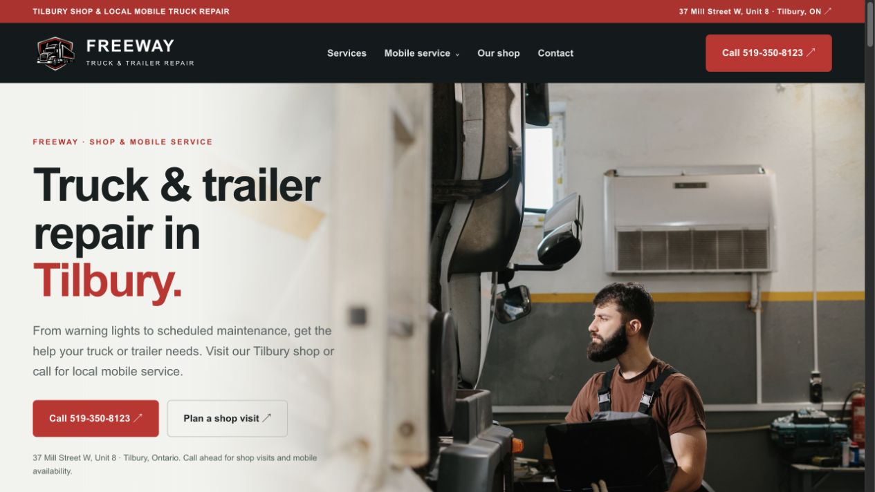 Freeway homepage with its original faded mechanic hero image