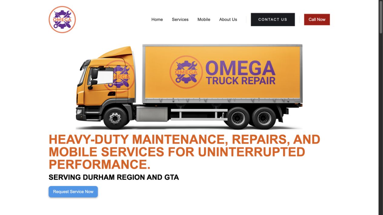 Omega Truck Repair homepage featuring the yellow Omega truck