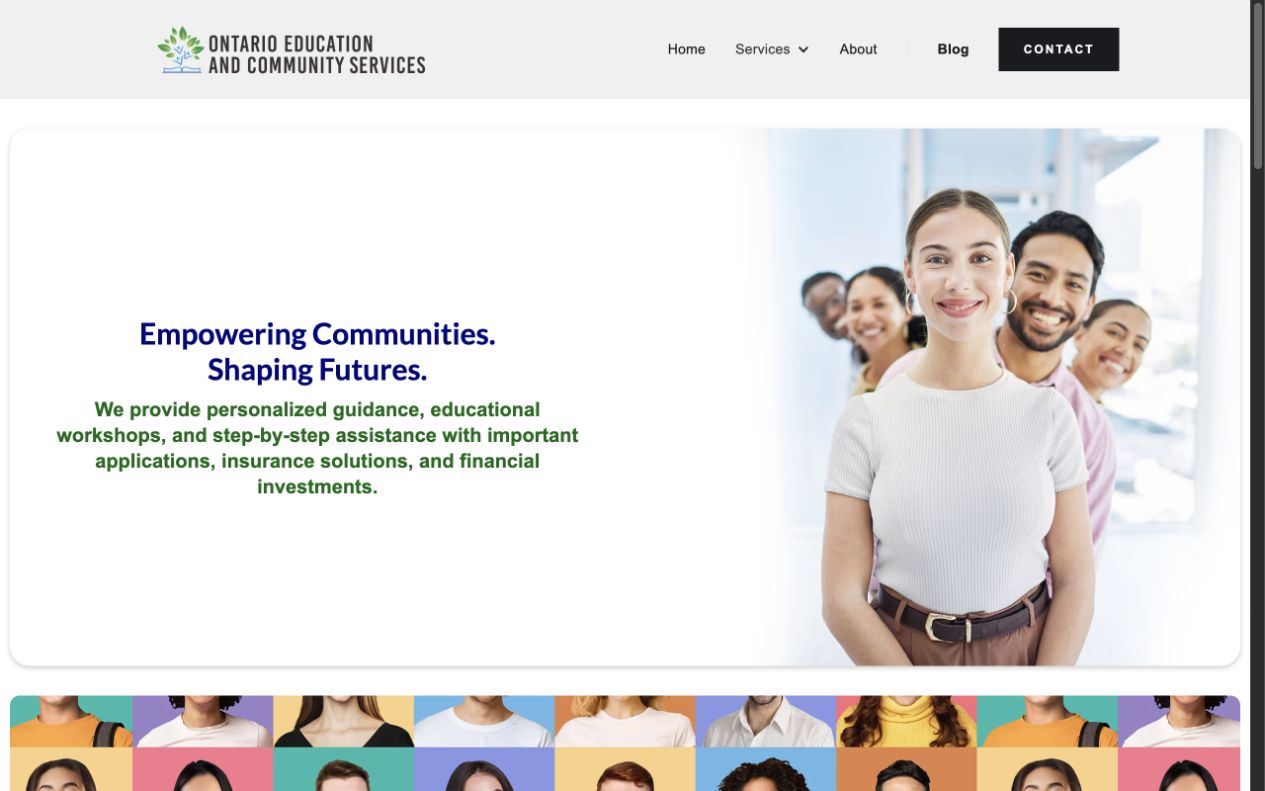 ONTECS homepage with a community portrait fading into the headline