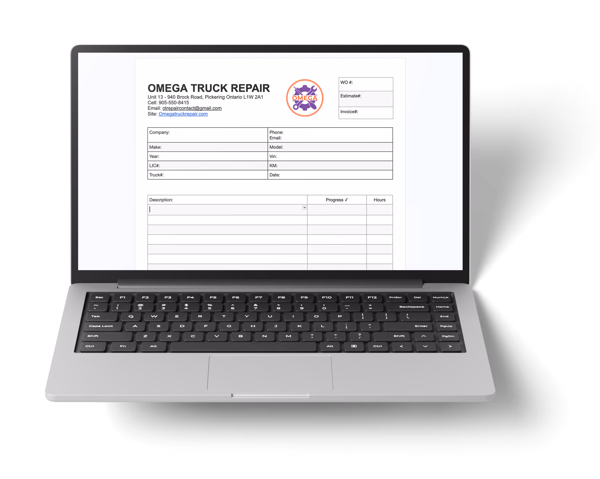 Blank Omega digital work-order template on laptop