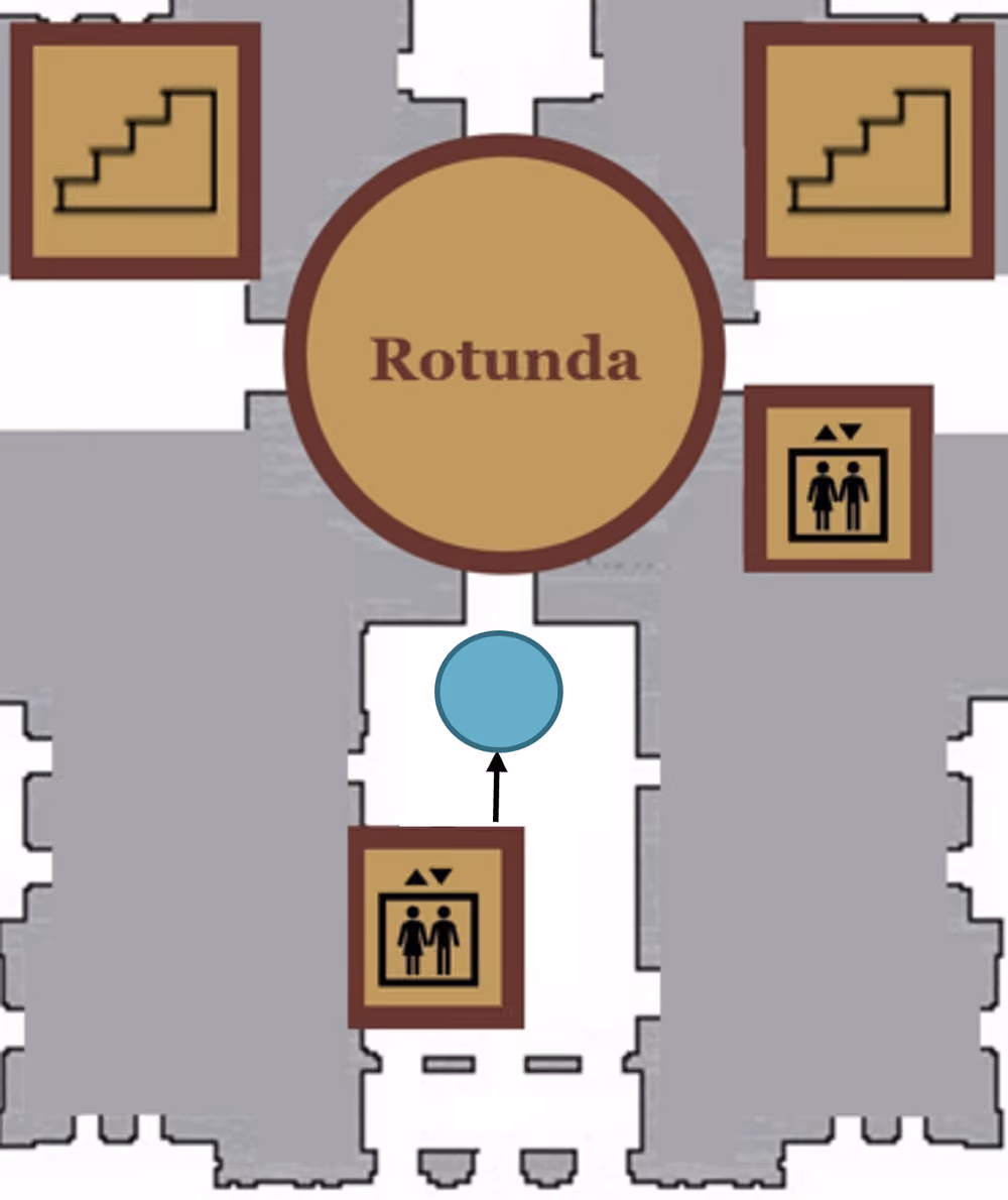 Proceed from the "Art Adorns the Paths of Life" exhibit on the ground floor to the east elevator across the hallway. Take the elevator to floor one.