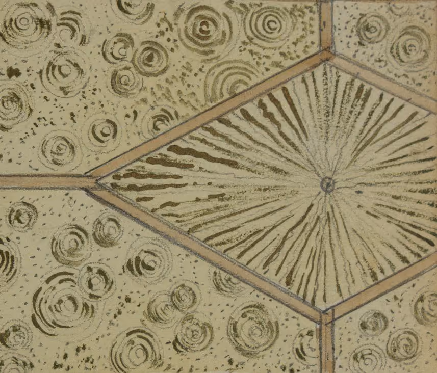 This particular pattern, featuring four panels of rays around a central sun, compares closely with a sketch found in one of Christian Weidemann's design sketchbooks.