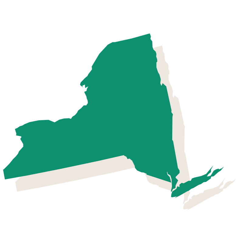 Map of New York state highlighted in green with surrounding areas in beige and black background.