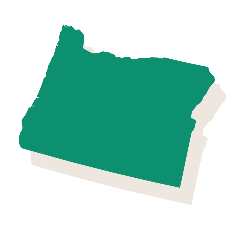 Green silhouette map outline of the state of Oregon with a slight shadow behind it on a white background.