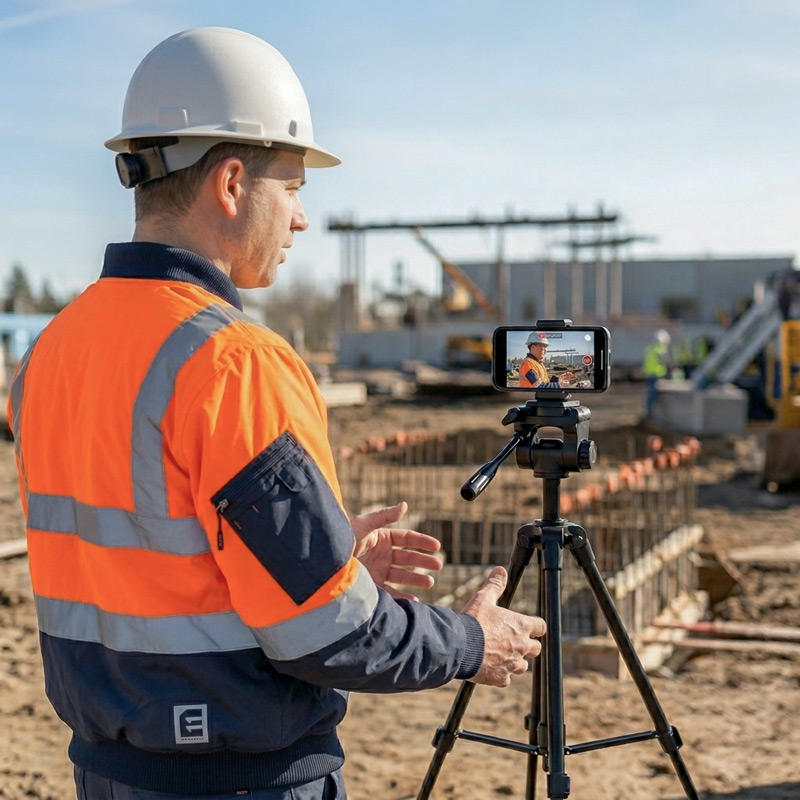 Phone on a tripod recording on site.