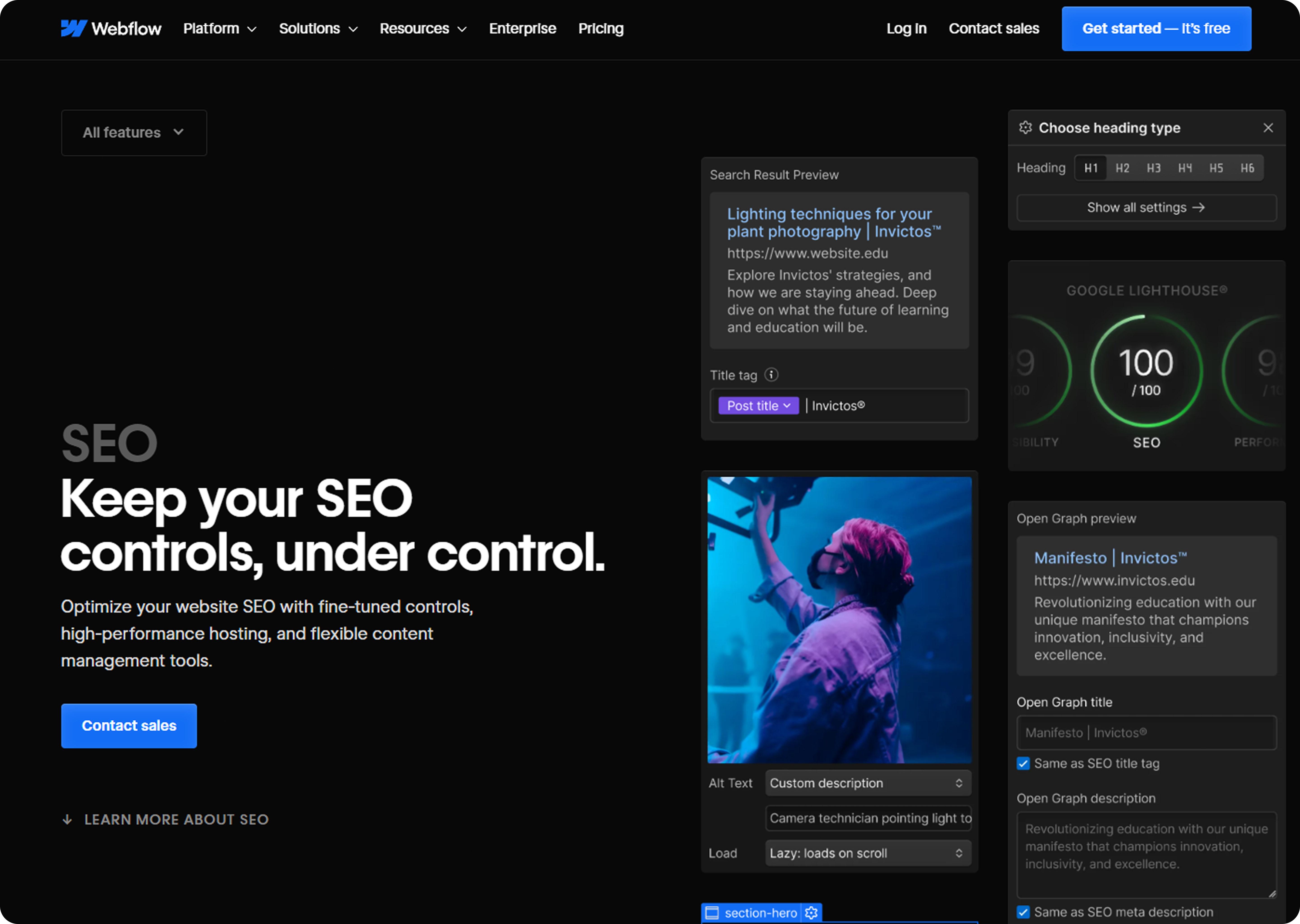 webflow on-page seo features