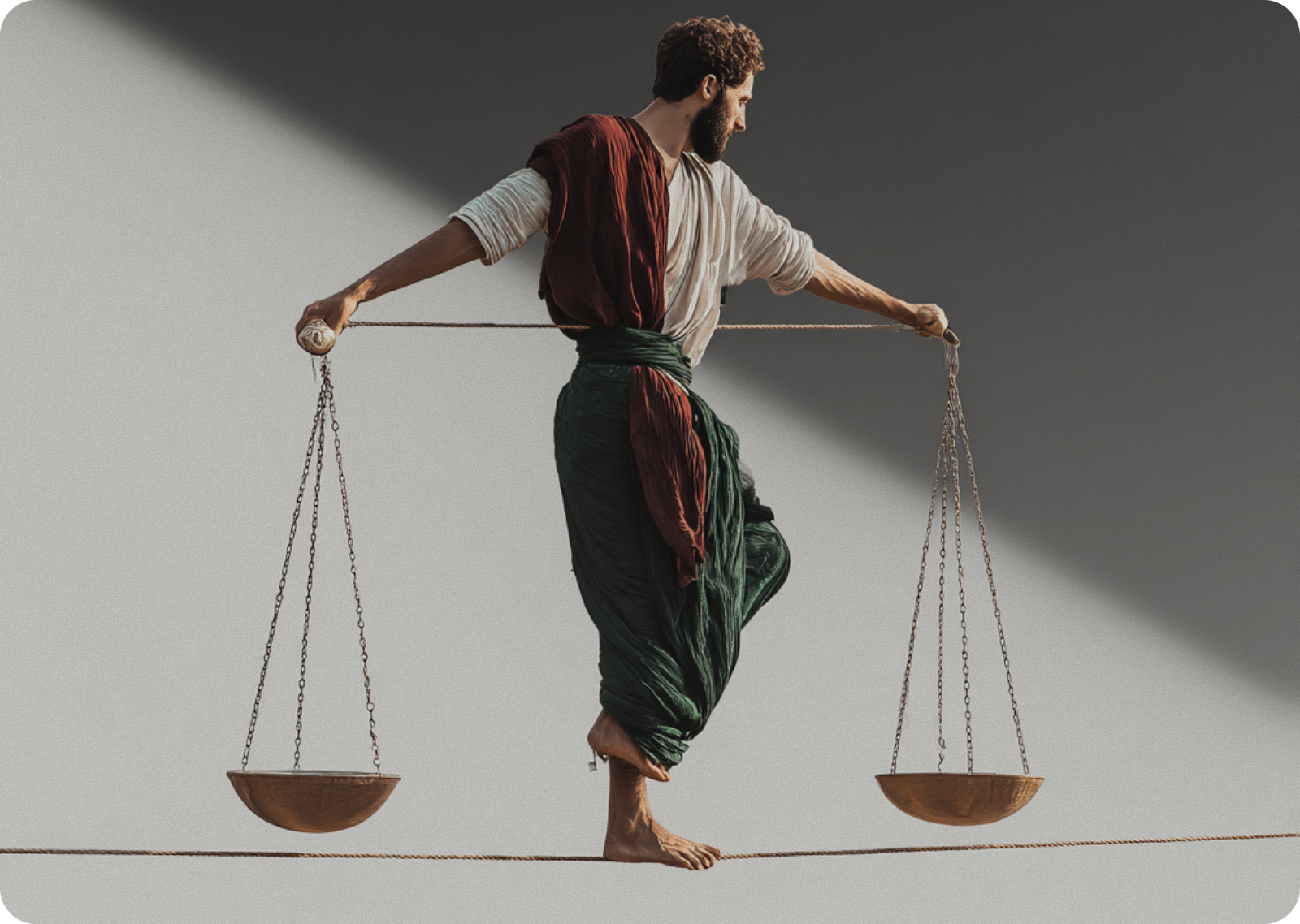 An image of a man walking a tightrope with a set of balance scales