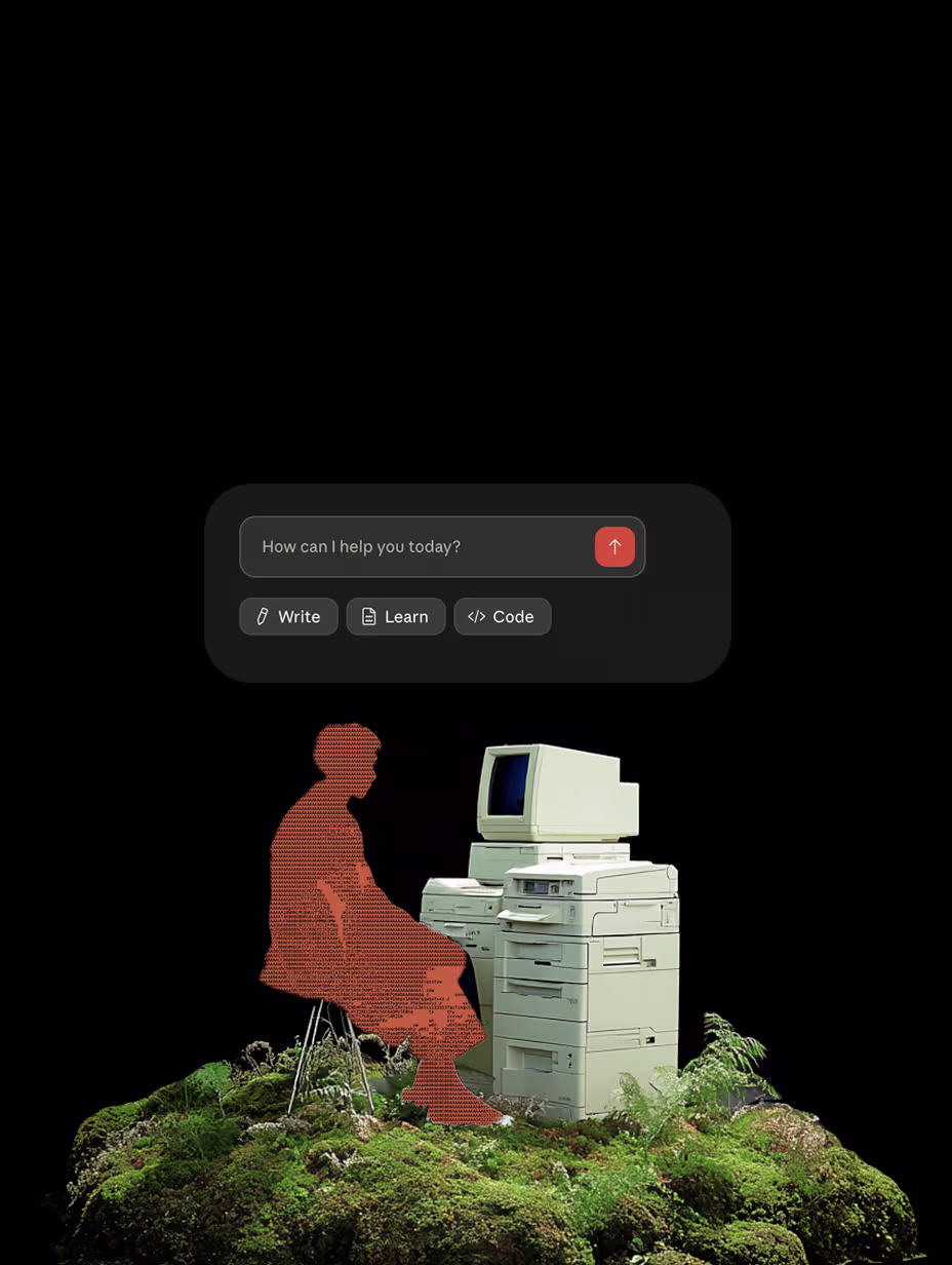 Image of a static person sitting in front of a desktop with a AI tool interface