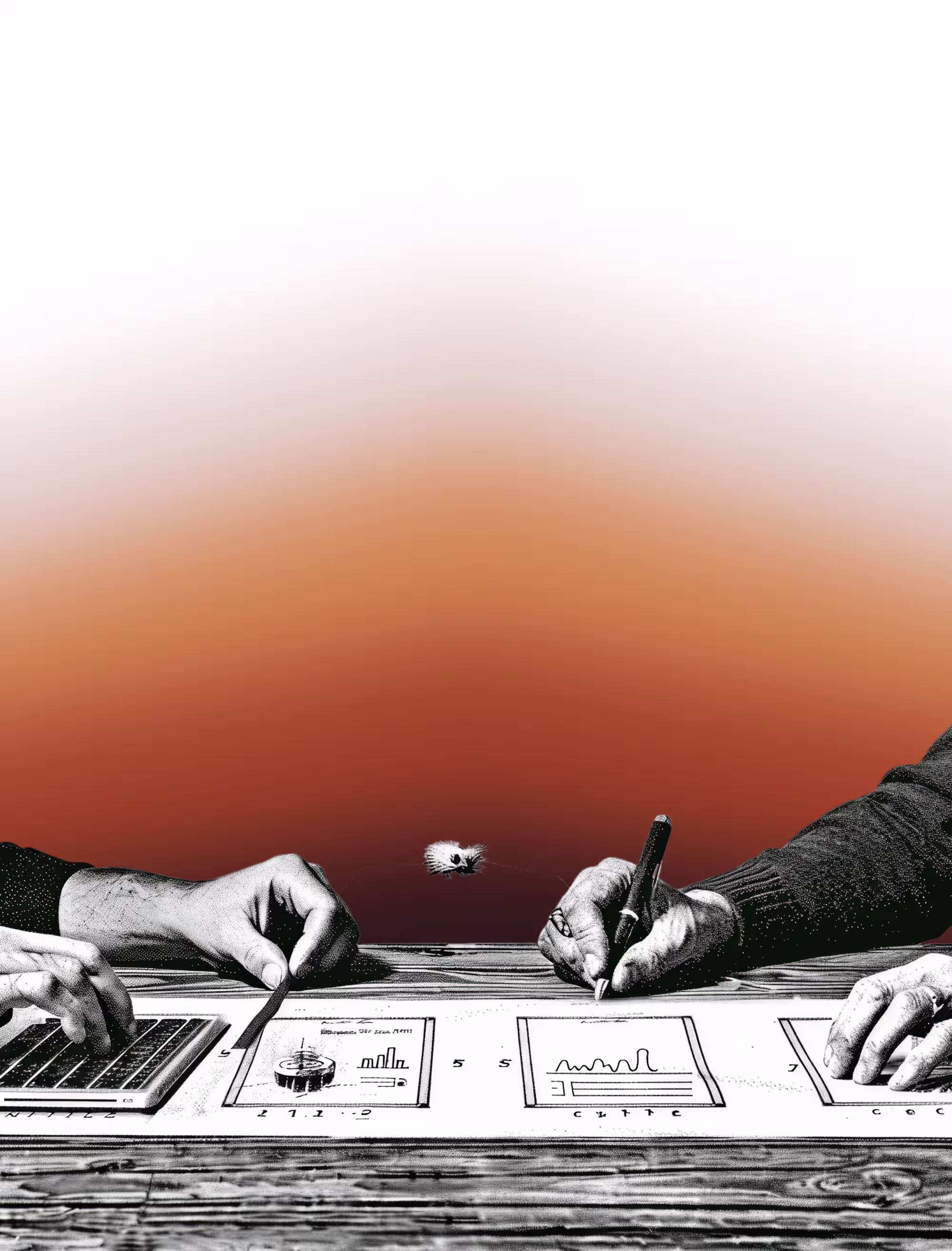 Hands collaborating on design work at a table with sketches, laptop, and documents.