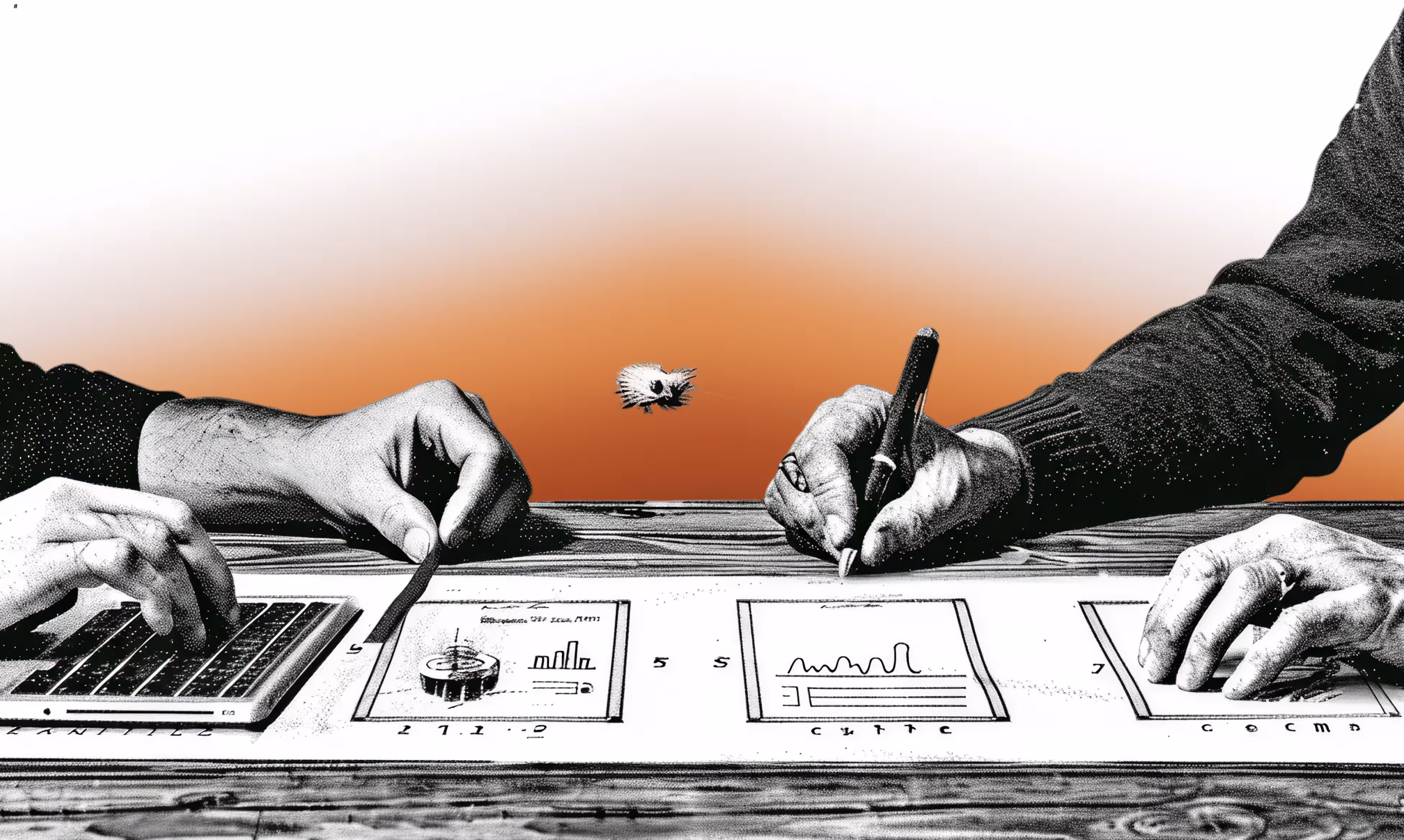 Hands collaborating on design work at a table with sketches, laptop, and documents.