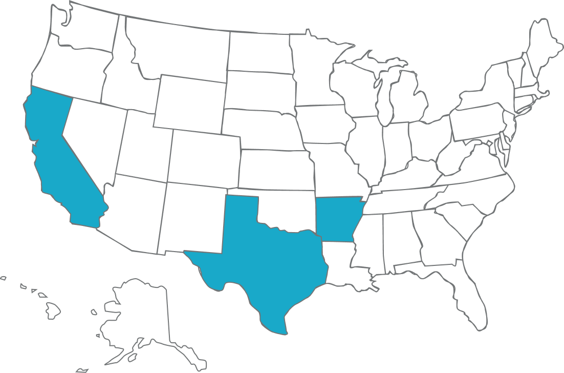 Map highlighting CA, TX, and AR 
