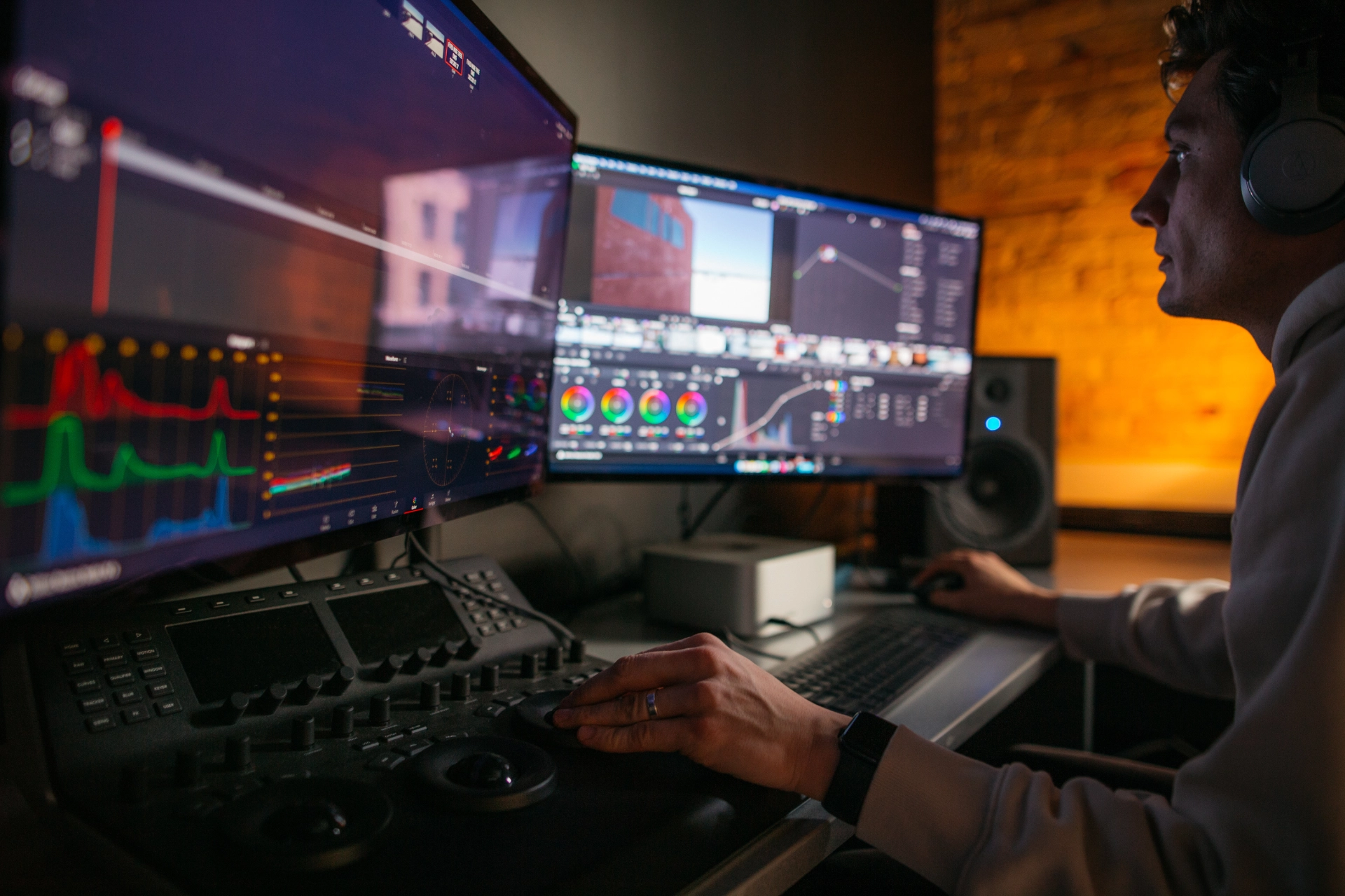 Decorative.

Description: An editor sits in front of an array of monitors working on a project timeline.