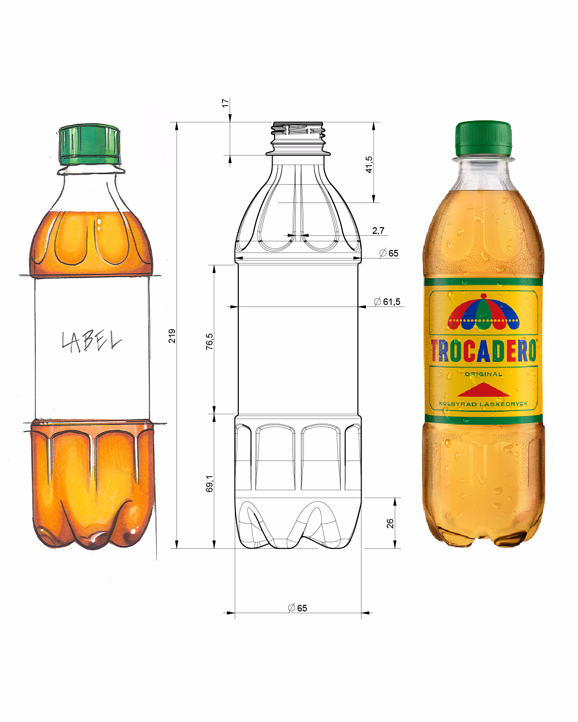 Side-by-side concept sketch, technical drawing and final Neumeister-designed Trocadero PET bottle—highlighting its distinctive form, structure and iconic label.