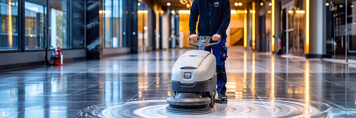 Person reinigt glänzenden Marmorfliesenboden mit einer elektrischen Bodenreinigungsmaschine.