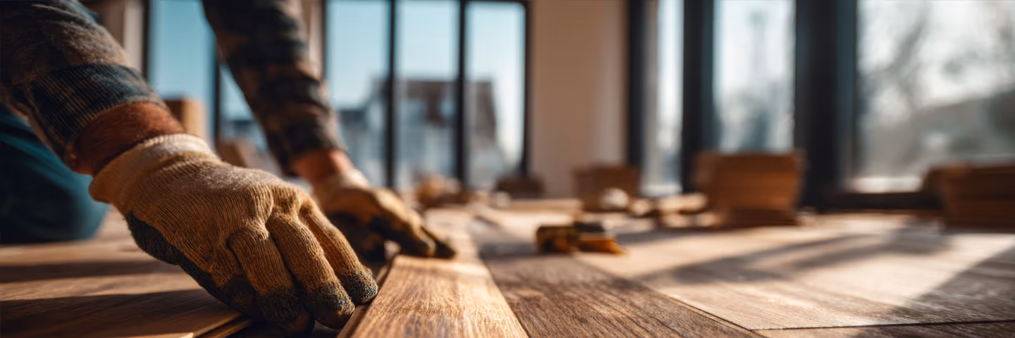 Handwerker trägt Handschuhe und verlegt Holzboden in hellem Raum mit großen Fenstern.