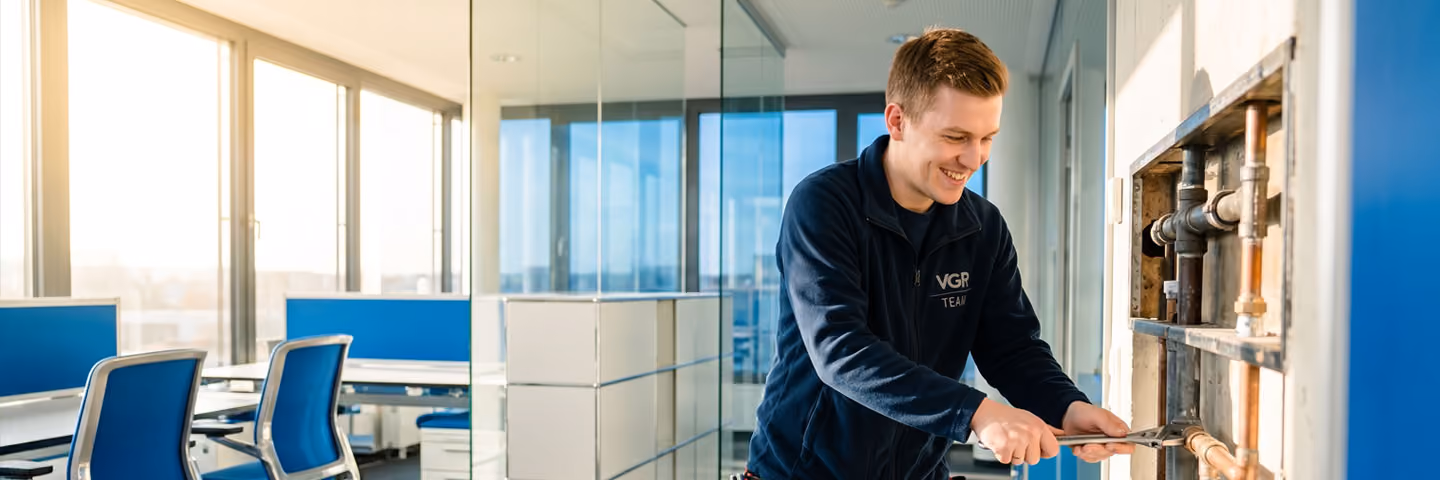 Techniker repariert eine Rohrleitung in einem modernen Büro mit Tageslichtfenstern.