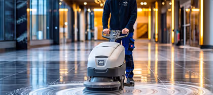 Mitarbeiter reinigt glänzenden Boden mit professioneller Reinigungsmaschine in Flur.