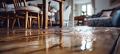 Wasser schimmert auf einem Holzboden in einem Wohnzimmer mit Stühlen und Sofa im Hintergrund.
