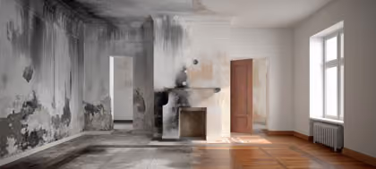 Ein Raum, halb zerstört mit Brandflecken, halb renoviert mit sauberem Holzboden und weißen Wänden.