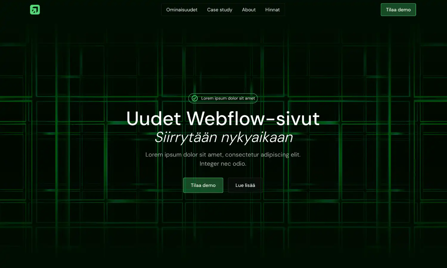 Verkkoaiheinen tumma tausta, jossa teksti Uudet Webflow-sivut ja napit Tilaa demo ja Lue lisää.