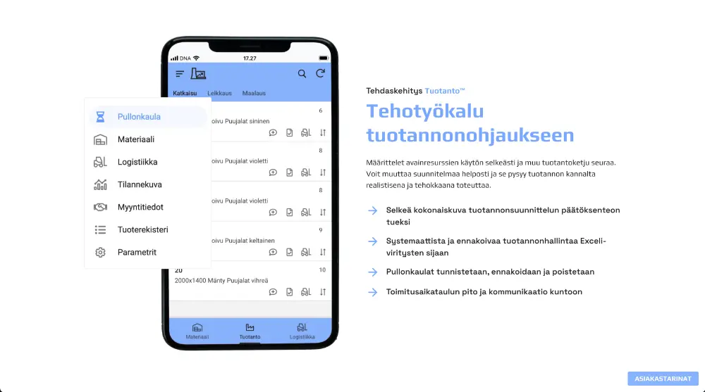 Kännykkänäyttö näyttää tuotannonohjaussovelluksen valikkoa ja taustalla on suomenkielinen kuvaus tehotyökalusta tuotannonohjaukseen.