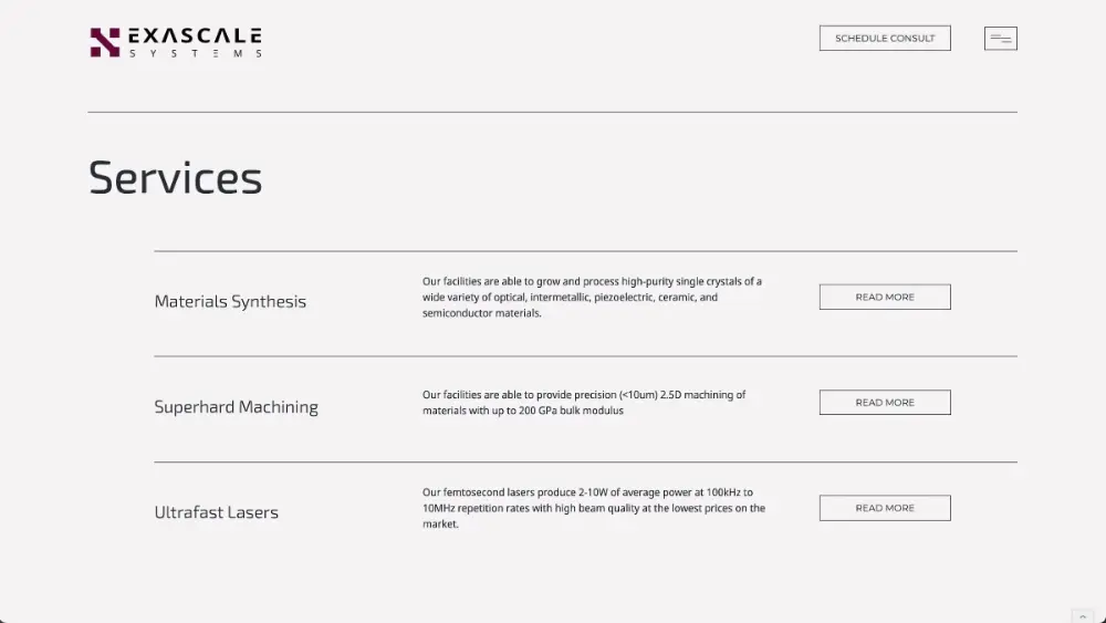 Exascale Systems palvelut: materiaalien synteesi, superkovaa työstöä ja ultranopeita laseja kuvaavat tiedot ja lue lisää -painikkeet.